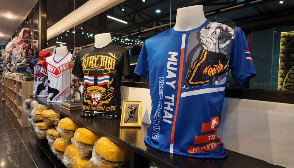 Muay Thai T-shirts on mannequins, including a blue KEEP FIGHTING tee and a black tiger design